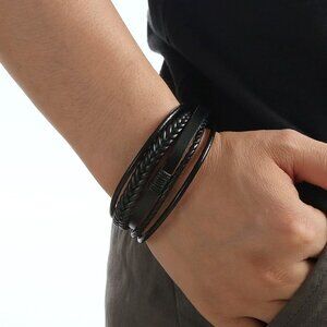 3/$35 Men's Black Multi-Layer Braided Leather Bracelet Magnetic Clasp Urban Bike